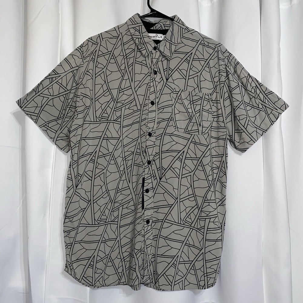 Wehi Designs By Marcel Gray & Black Hawaiian Aloha Shirt Mens Medium Rayon Luau